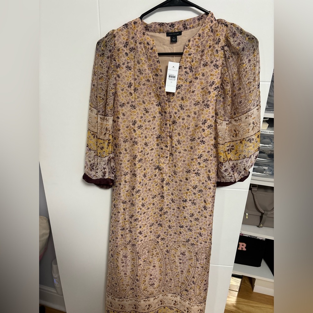 Ann Taylor Long Sleeve Floral Dress - Purple and Yellow